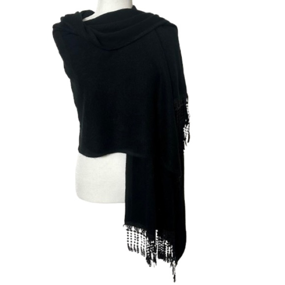 Black Knit Shawl Women’s Wrap Scarf Crochet Lace Fringe Tassel Trim Elegant Cozy